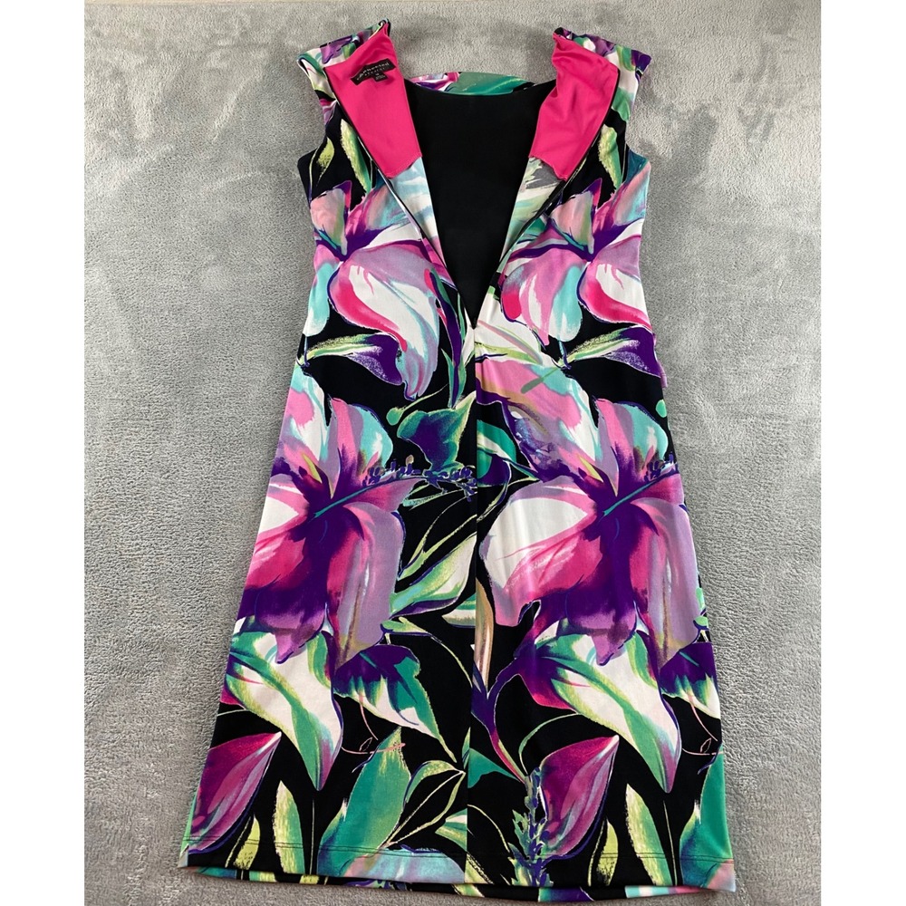 Connected Apparel Floral Ruched Sheath Dress Purple Pink Green Womens 12 Cap Slv - Picture 12 of 13